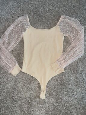 Celebrity Pink Cream Bodysuit with Sheer Dot Puff Sleeves